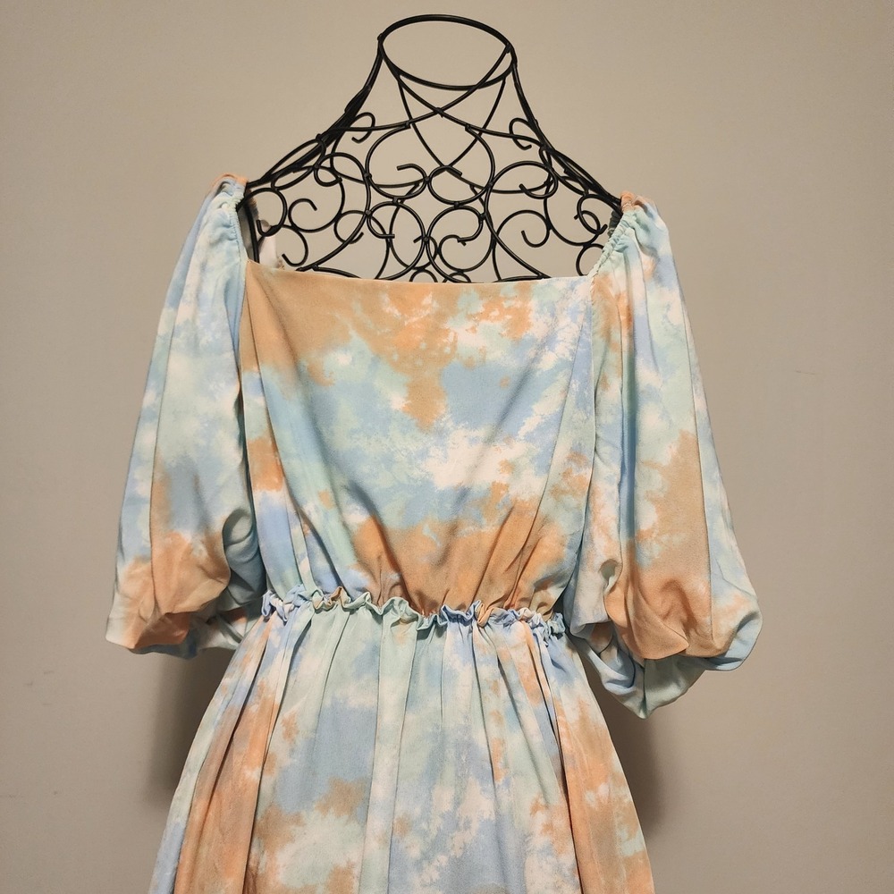 Tie Dye Tiered Maxi Dress Puff Sleeve Blue Orange Boho Size Medium - Picture 2 of 9